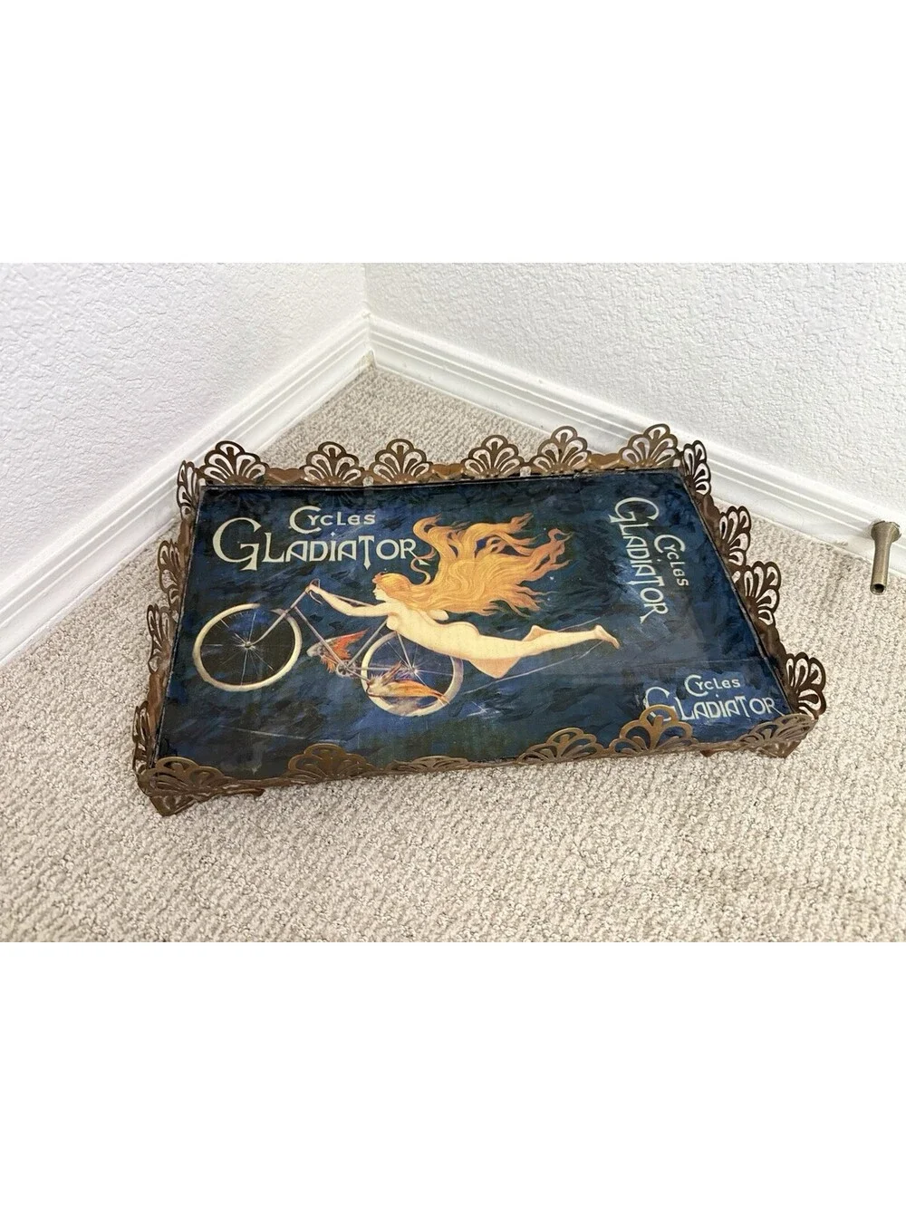 Vtg Style Cycles Gladiator Art Nouveau Bicycle Print Metal Vanity Tray